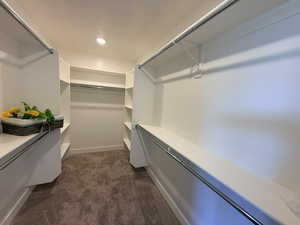 Walk in closet with dark colored carpet