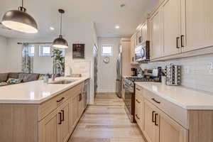 Kitchen featuring a peninsula, stainless steel appliances, light wood finish cabinetry, and open floor plan