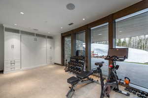 Exercise area with light carpet and recessed lighting
