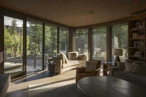 Sunroom featuring wooden ceiling