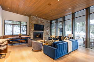 Living room featuring wooden ceiling, light wood-type flooring, a wainscoted wall, wooden walls, and a fireplace