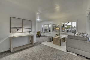 Living room featuring light colored carpet