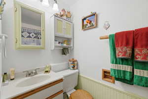 Full bath with a wainscoted wall, curtained shower, and vanity