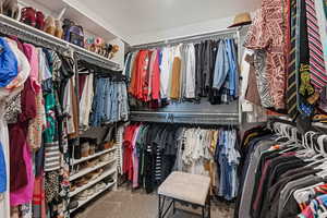 Walk in closet with carpet floors