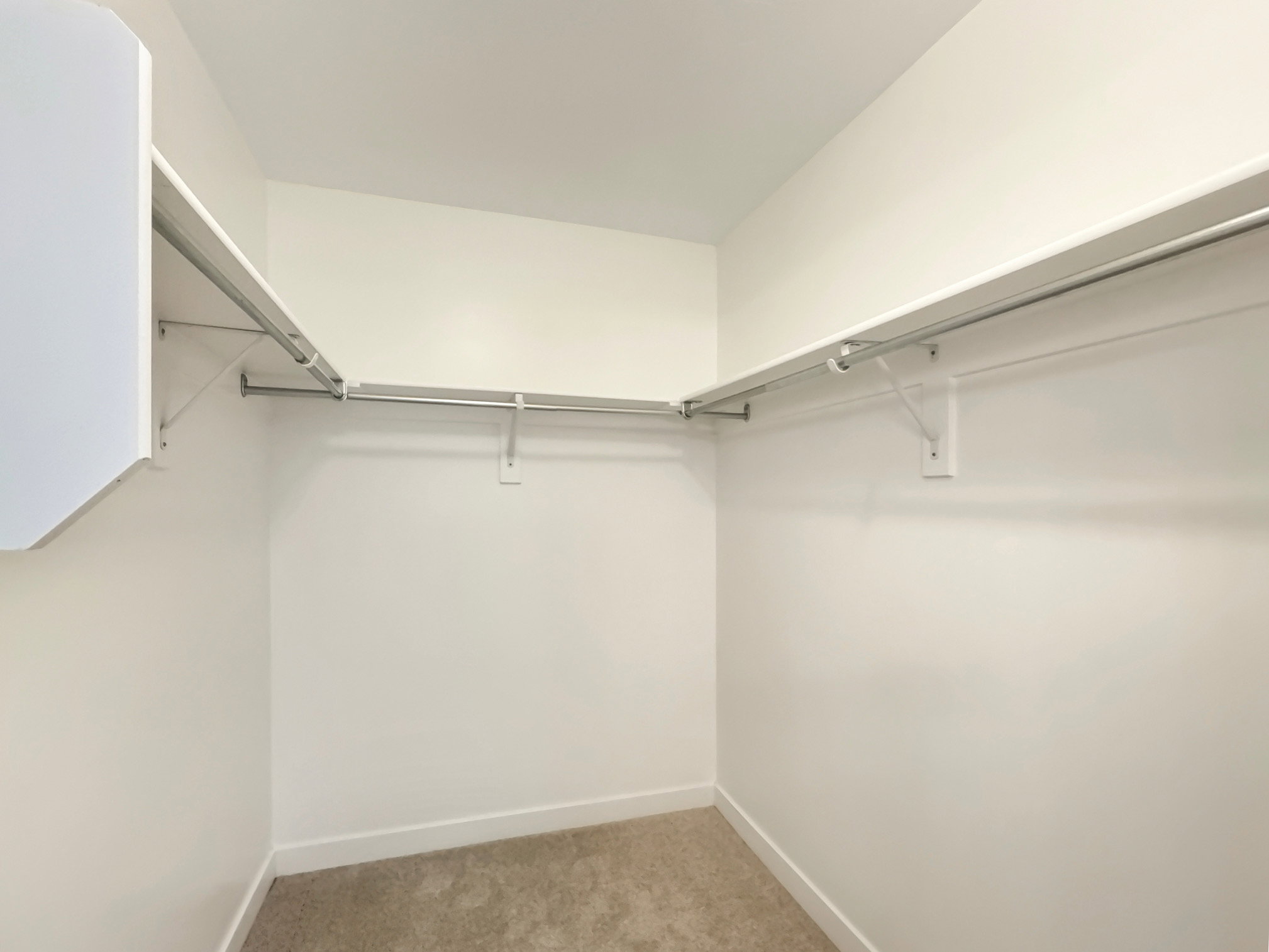 Master Bed, walk-in closet with light colored carpet