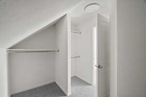 Walk in closet with lofted ceiling and light colored carpet