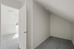 Additional living space featuring light colored carpet and lofted ceiling
