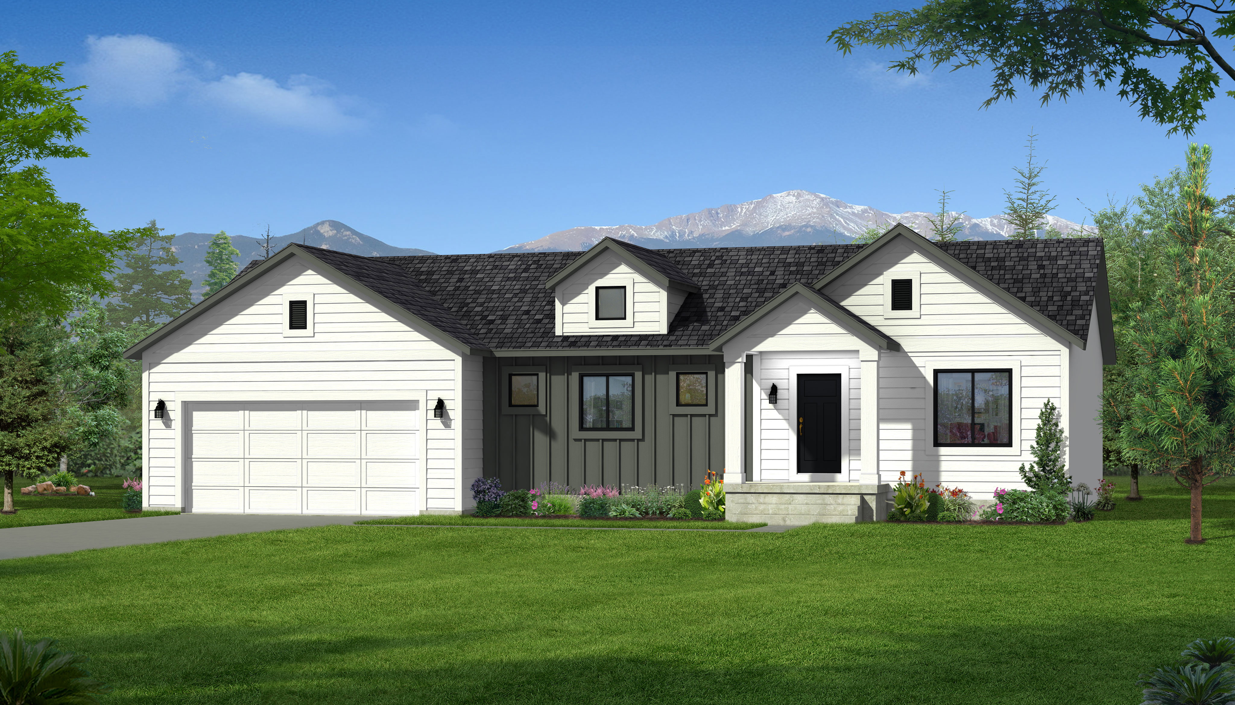 Contemporary farmhouse exterior with a dark shingle roof, white horizontal siding, and dark vertical accent siding