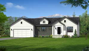 Contemporary farmhouse exterior with a dark shingle roof, white horizontal siding, and dark vertical accent siding