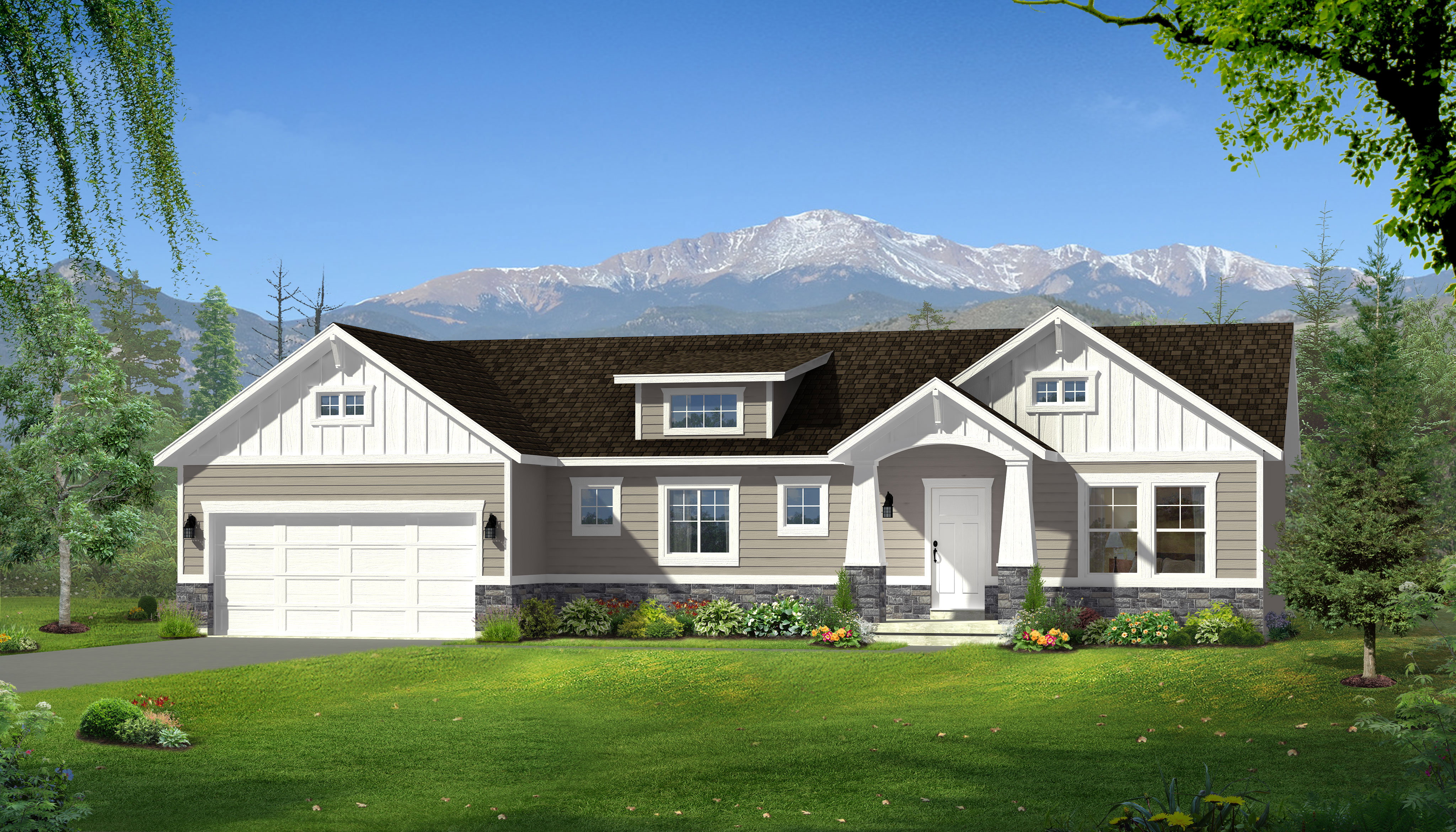 Ranch-style exterior featuring a covered front entry with columns, a two-car garage, dormer window accents, stone façade detailing, and a prominent mountain backdrop