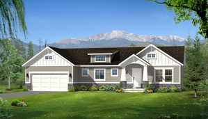 Ranch-style exterior featuring a covered front entry with columns, a two-car garage, dormer window accents, stone façade detailing, and a prominent mountain backdrop