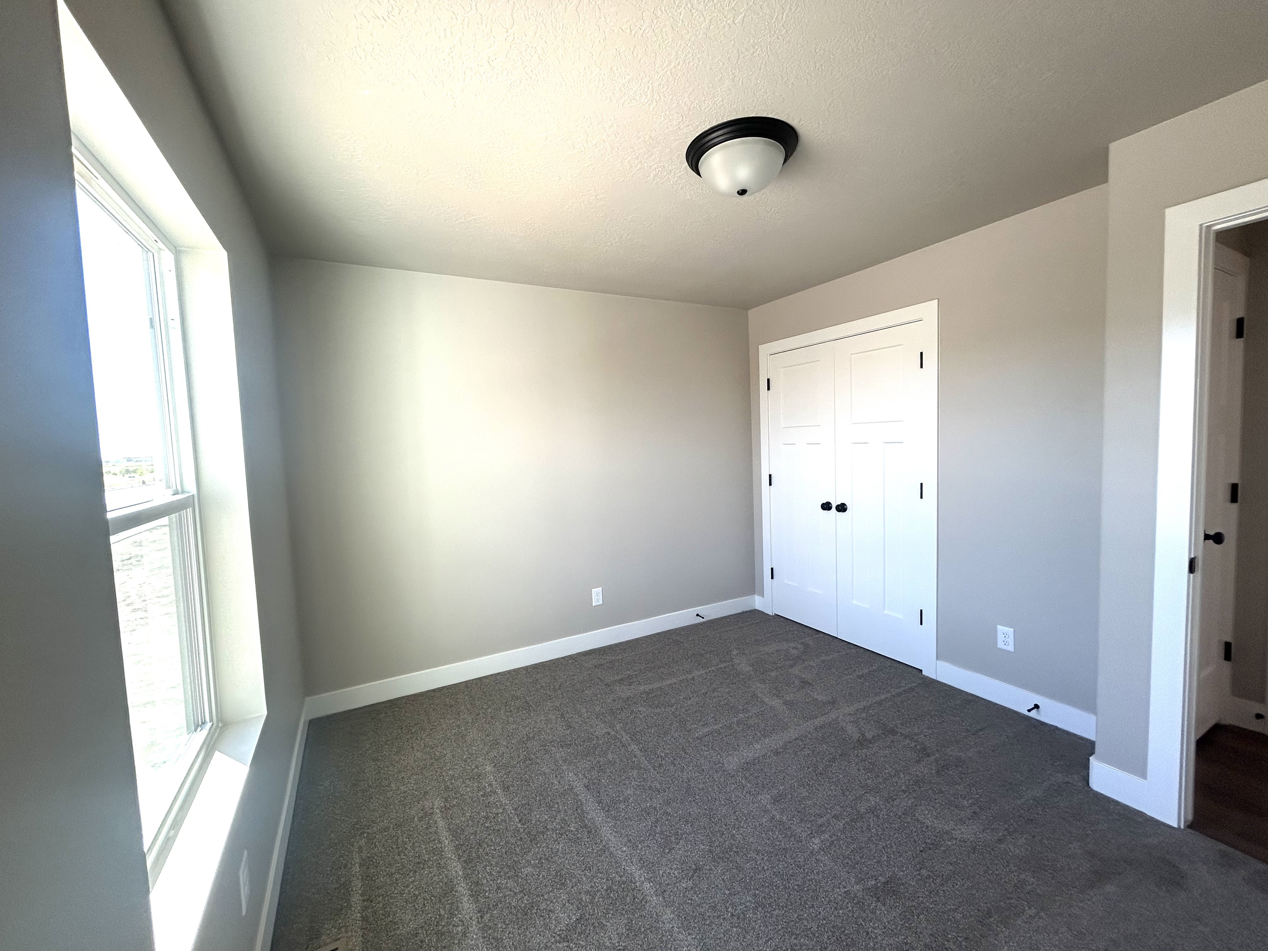 Neutral tone walls with white trim, dark gray carpet, and a large window