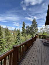 Spacious outdoor deck featuring wood-finish decking and rustic log railing