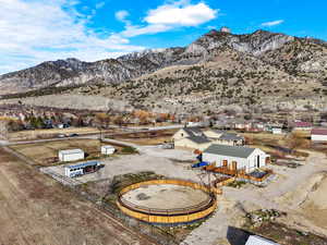 Aerial view of residential area with a mountainous background