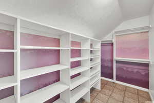 Walk in closet with light flooring and vaulted ceiling