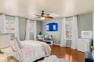 Bedroom featuring multiple windows, wood-type flooring, and a ceiling fan