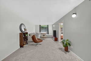 Sitting room with carpet and a textured ceiling