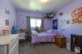 Bedroom with light carpet