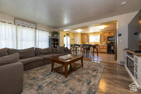 Living room featuring dark wood-style flooring