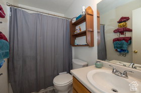 Full bath with vanity and a shower with curtain