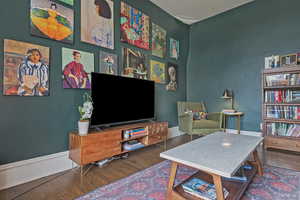 Office with wood finished floors