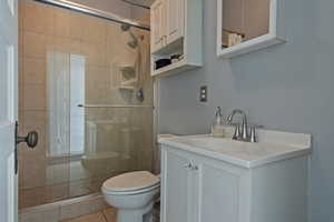 Full bath with vanity and a shower stall