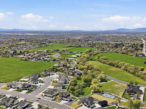 Aerial view of residential area with mountains