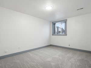 Unfurnished room featuring light carpet and a textured ceiling