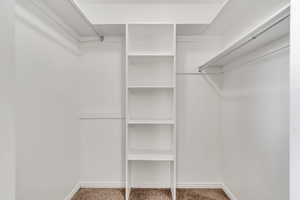 Walk in closet with light colored carpet