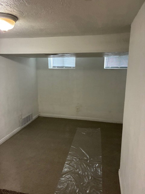 Below grade area featuring dark colored carpet and a textured ceiling