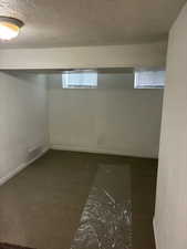 Below grade area featuring dark colored carpet and a textured ceiling