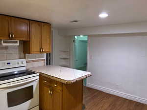 Kitchen with electric range, a peninsula, wood finish cabinets, dark wood-type flooring, and backsplash