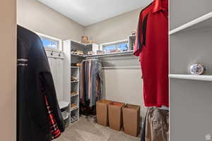 Walk in closet with light colored carpet