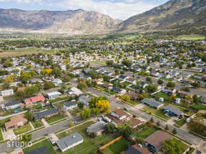 Aerial view of residential area with mountains
