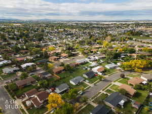 Aerial view of residential area with mountains