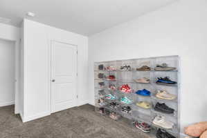 Playroom with dark colored carpet and baseboards