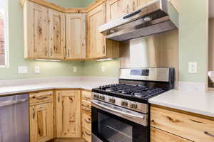 Kitchen with stainless steel appliances, light wood finish cabinets, and light stone countertops