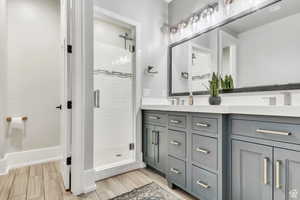 Thoughtfully designed hall bathroom with dual sinks and a private water closet, creating a functional and comfortable space
