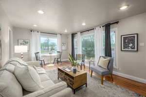 Living room featuring wood finished floors, recessed lighting, and a textured ceiling