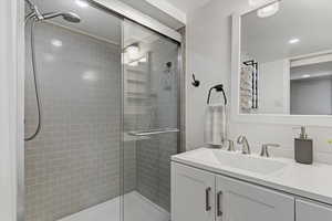 Full bathroom featuring vanity and a shower stall
