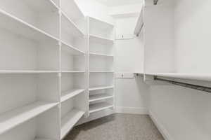 Walk in closet with light colored carpet