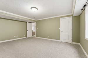 Carpeted empty room with baseboards and crown molding