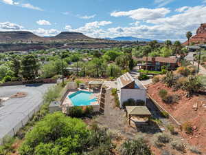 Aerial view of mountains and a pool area
