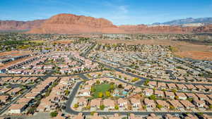 Aerial view of residential area with mountains