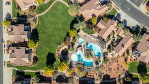 Aerial view of residential area with a pool