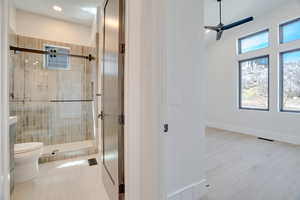 Bathroom with a ceiling fan, a stall shower, light wood-type flooring, and recessed lighting