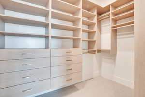 Walk in closet with light colored carpet