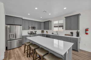 Kitchen featuring a kitchen breakfast bar, stainless steel appliances, gray cabinets, a kitchen island, and light wood finished floors
