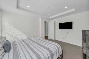 Carpeted bedroom featuring a tray ceiling and recessed lighting