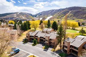 Bird's eye view of mountains and a golf club